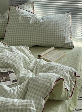 格子控丨浅绿色小格子包边款水洗棉四件套床单纯色被套宿舍三件套