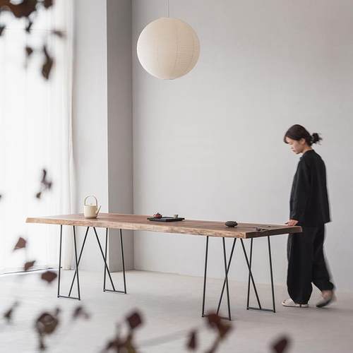 叁几 北美黑胡桃木餐桌家用实木大板茶桌侘寂风异形长条书桌子