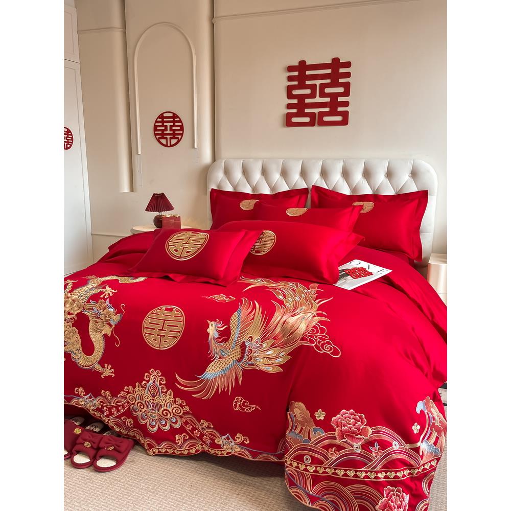 中式结婚四件套红色床单全棉龙凤刺绣被套婚庆床上用品陪嫁床笠款
