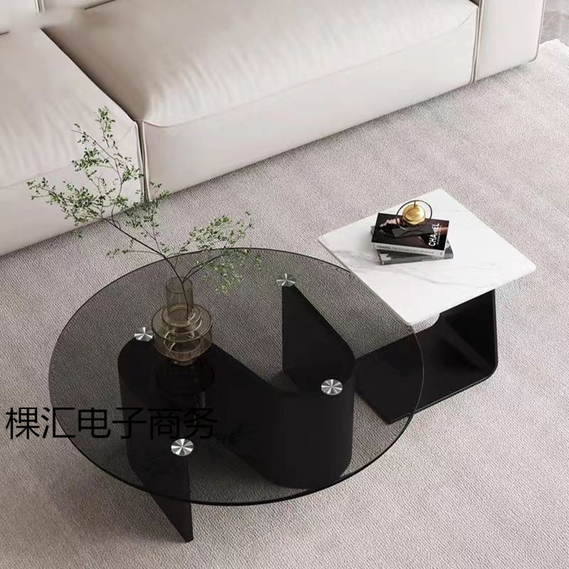 钢化玻璃圆形茶几轻奢现代小户型客厅家用设计师岩板组合大小户型
