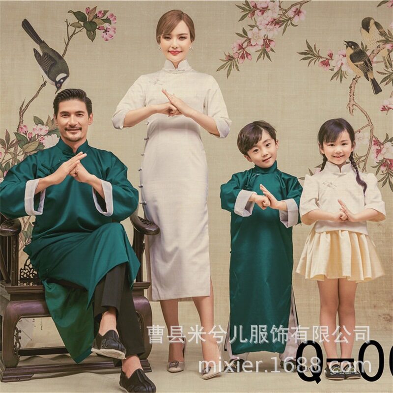 新款艺术民国风全家福家庭装影楼主题服装中式写真服一家四口拍照