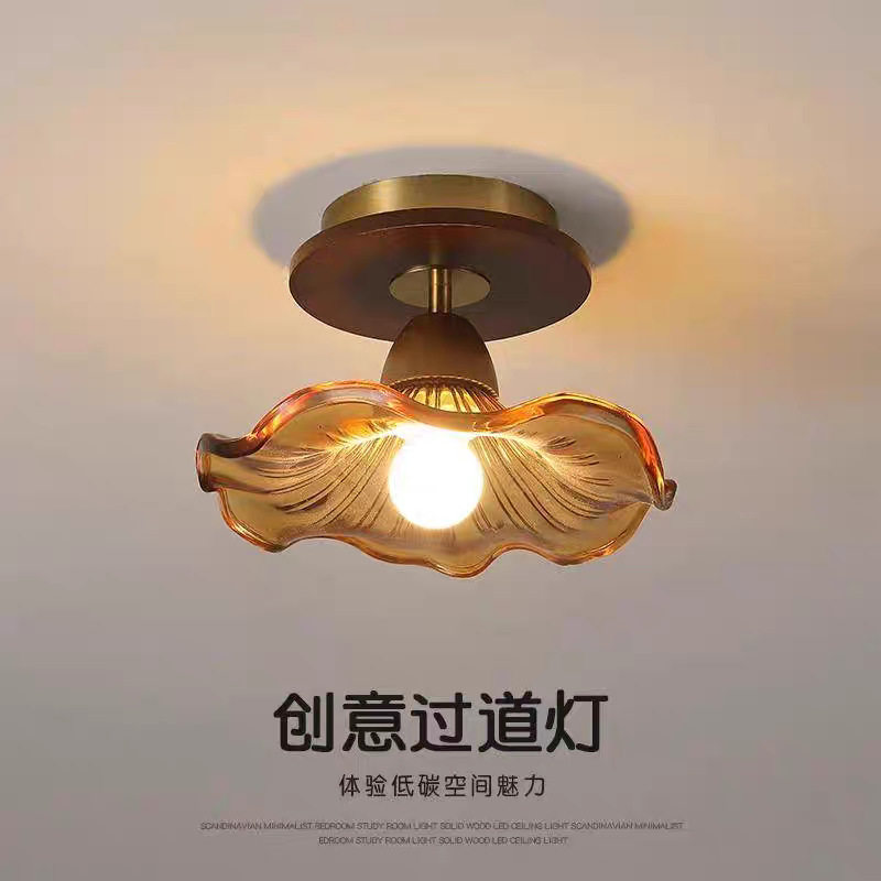 过道走廊灯玄关阳台家用胡桃木色玻璃led灯法式复古过道灯吸顶灯