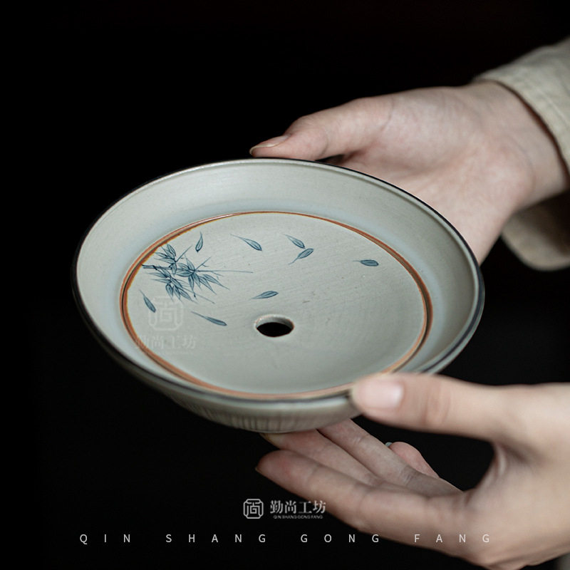 仿古手绘青花竹子壶承文人茶器干泡盘蓄水茶盘茶承陶瓷茶具配件