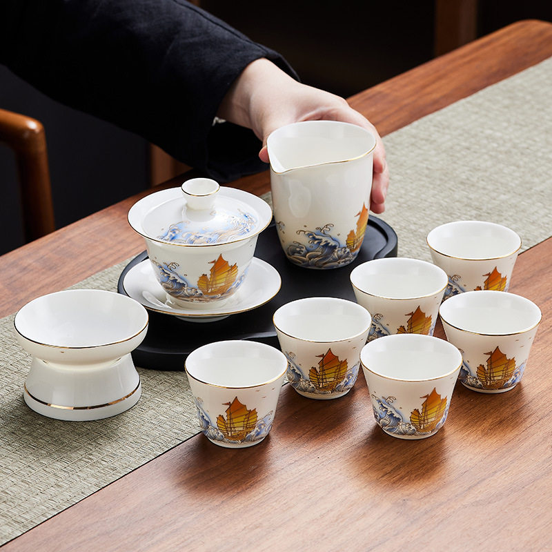 羊脂玉旅行茶具套装家用中国白瓷组合茶器茶杯盖碗公道杯一帆风顺