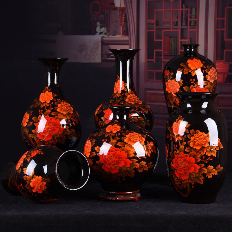 陶瓷花瓶摆件批发黑色牡丹花水晶釉观赏瓶现代家居客厅装饰品批发