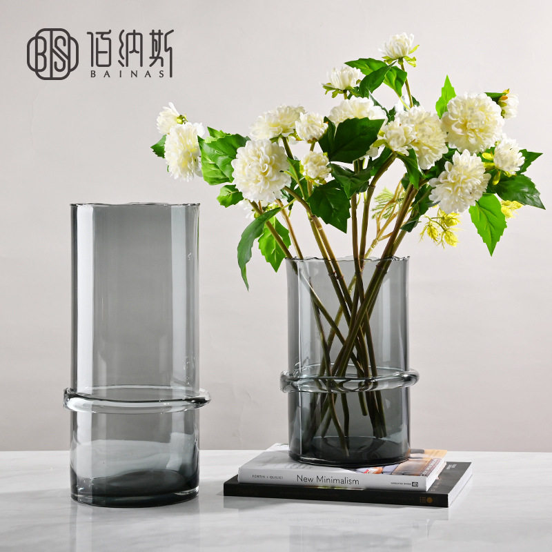 现代简约创意透明灰色直筒圆形插吊钟鲜花干花客厅电视柜桌面饰品