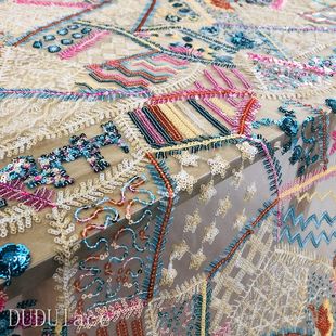 方格彩色亮片刺绣网纱面料定制民族风服饰立体花水溶蕾丝提花布料