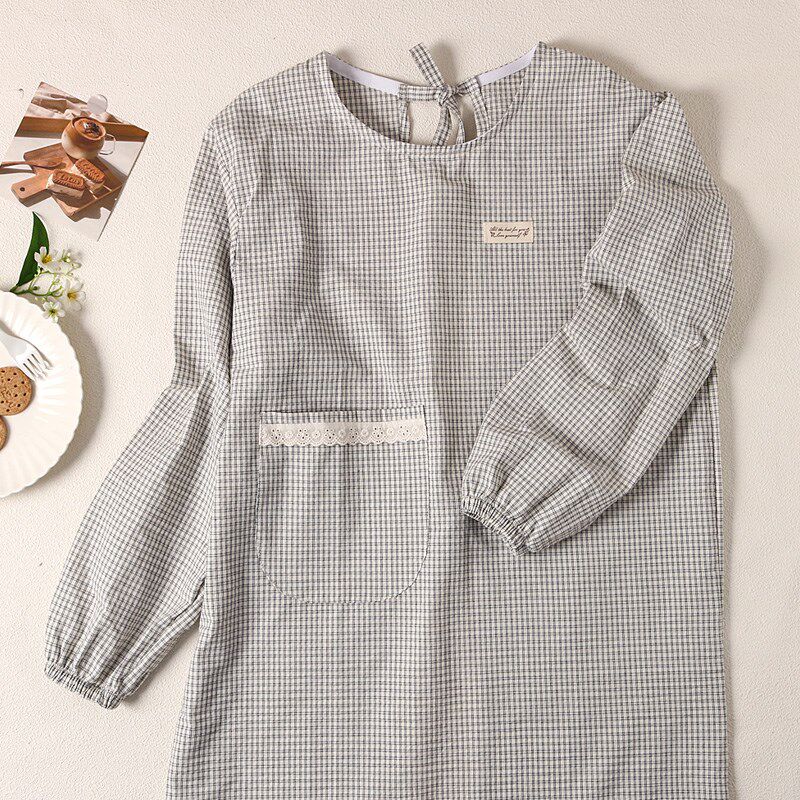 精选韩系文艺清新条纹薄透气棉布反穿衣家用厨房围裙防污家务长袖