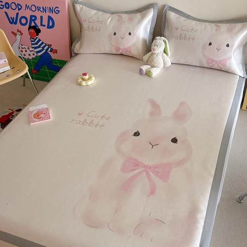 ins卡通兔子冰藤席三件套冰丝席900D夏季空调软凉席子可水洗折叠