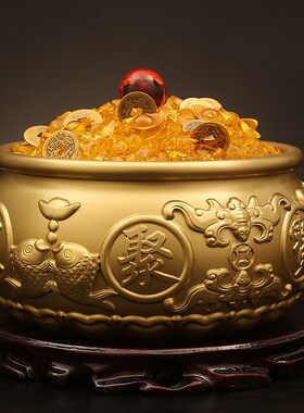 纯黄铜八福聚宝盆开店送礼财运米缸桌面摆件家居饰品客厅装饰