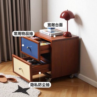 精选中古风实木可移动床头柜卧室收纳储物柜小型拼色可移动床边柜