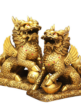 精选铜麒麟摆件一对纯铜踩八卦卧室客厅家居装饰摆设店铺开业礼工