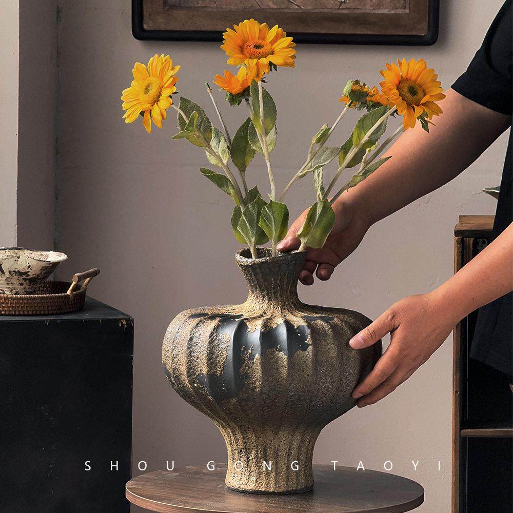 景德镇侘寂禅意粗陶花复古手工插花干花陶器民宿酒店怀旧摆件