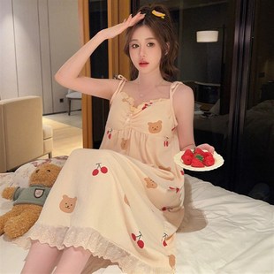 公主风大码 甜美 吊带睡裙女夏可爱夏季 宽松皱J布花边家居服中长款