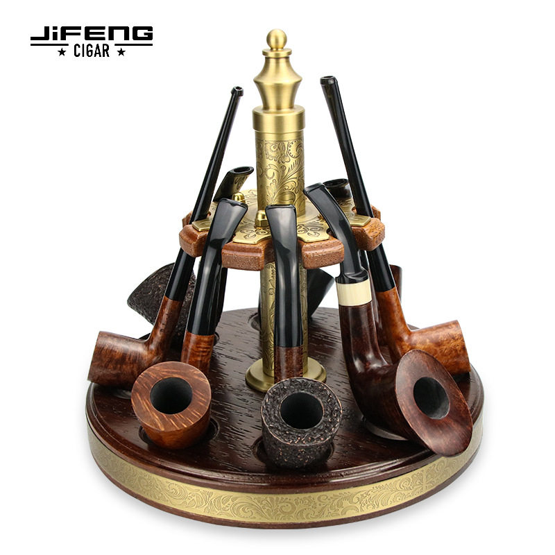 JIFENG季风实木烟斗架多槽展示座纯铜雕花菠萝格旋转多位烟斗架