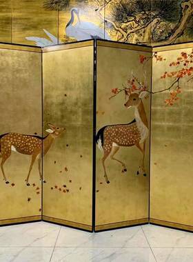 金箔屏风手绘双福鹿漆画中式待客厅办公室茶室背景隔断可移动折叠