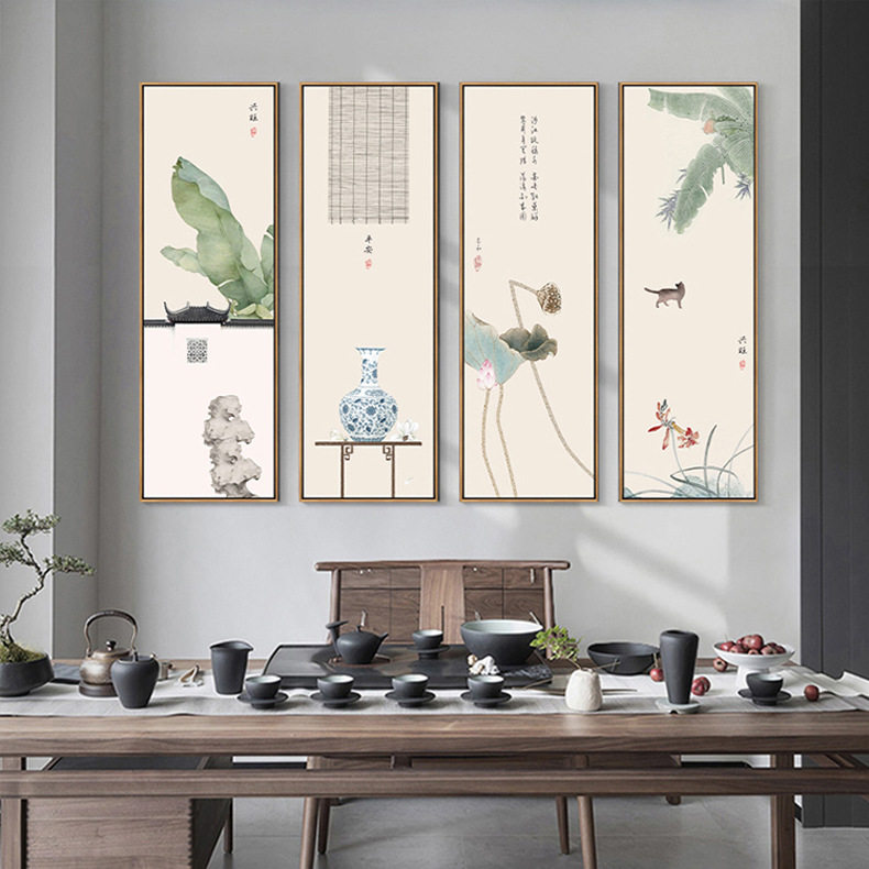 源头工厂新中式客厅装饰画酒店大厅油画中国风山水画水墨四联挂画