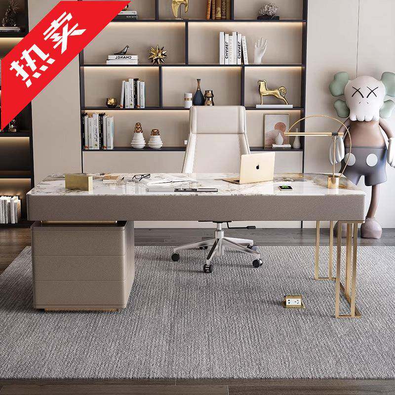 现代简约轻奢岩板书桌家用意式设计师电脑桌高端办公室桌椅写字台