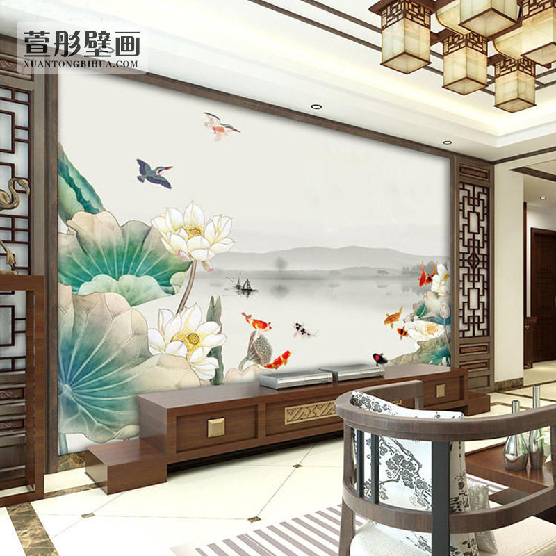现代新中式手绘荷花电视背景墙布5d客厅沙发背景墙装饰壁纸壁画