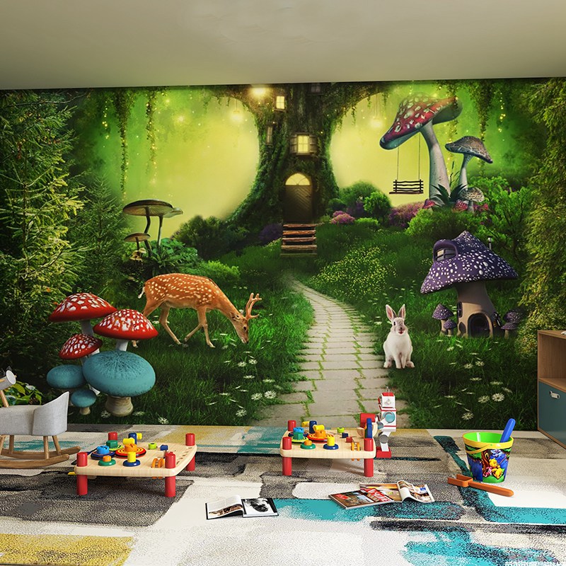 5D蘑菇屋森林壁纸卡通童话主题儿童房游乐园背景墙纸装修房间墙布