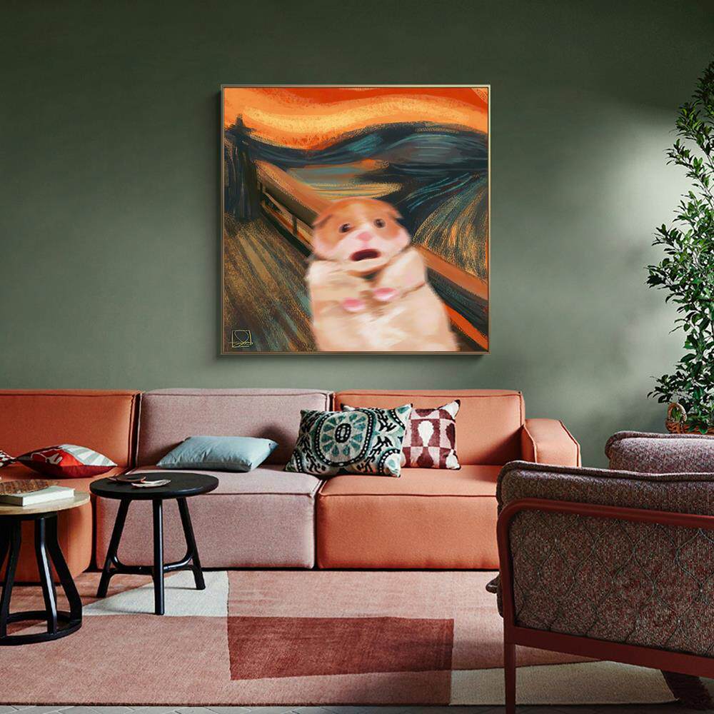 萌趣恶搞蒙克仓鼠呐喊复古花卉宠物客厅餐厅儿童房装饰画