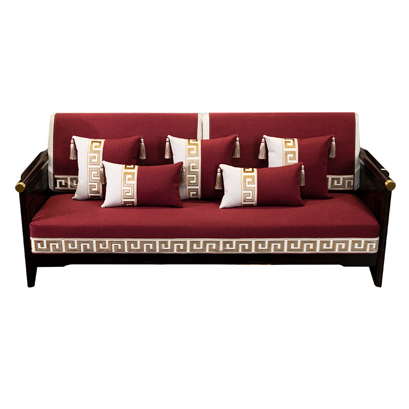 新中式棉麻沙发垫四季通用实木沙发座垫喜庆防滑红色坐垫子套罩巾