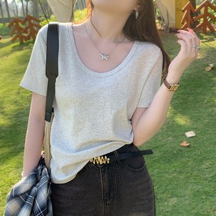 速发u领t恤夏款2024新款爆小设计感季众白色低领大领口正肩上衣