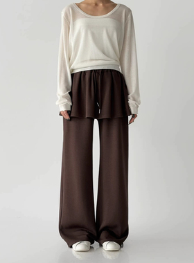 棕色假两件裤裙女2026新款春秋季抽绳设计感宽松阔腿休闲卫裤裙