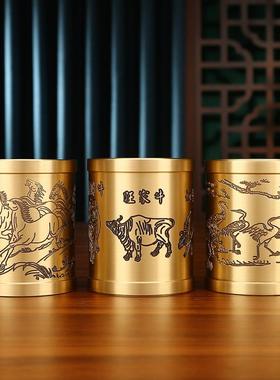 铜欣祥纯黄铜五牛骏马仙鹤笔筒家居办公室桌面文房四宝创意摆件