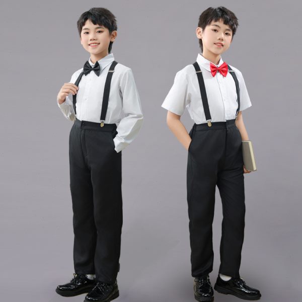 儿童合唱演出服男礼服套装花童纯棉背带裤白衬衫黑西裤主持人朗诵