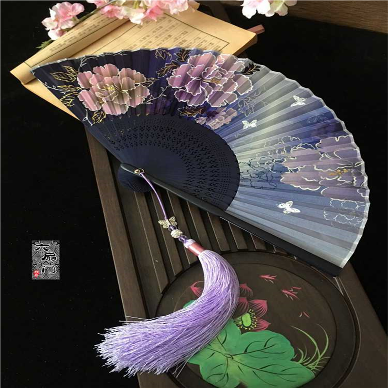 中国风扇子真丝紫色描金牡丹扇蝴蝶复古风女折扇子舞蹈扇礼扇