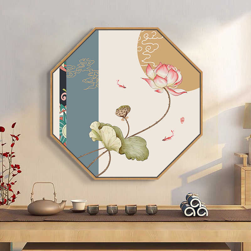 玄关荷花装饰画茶社茶室柜子墙壁挂画禅意客厅饭店古风新中式壁画图片