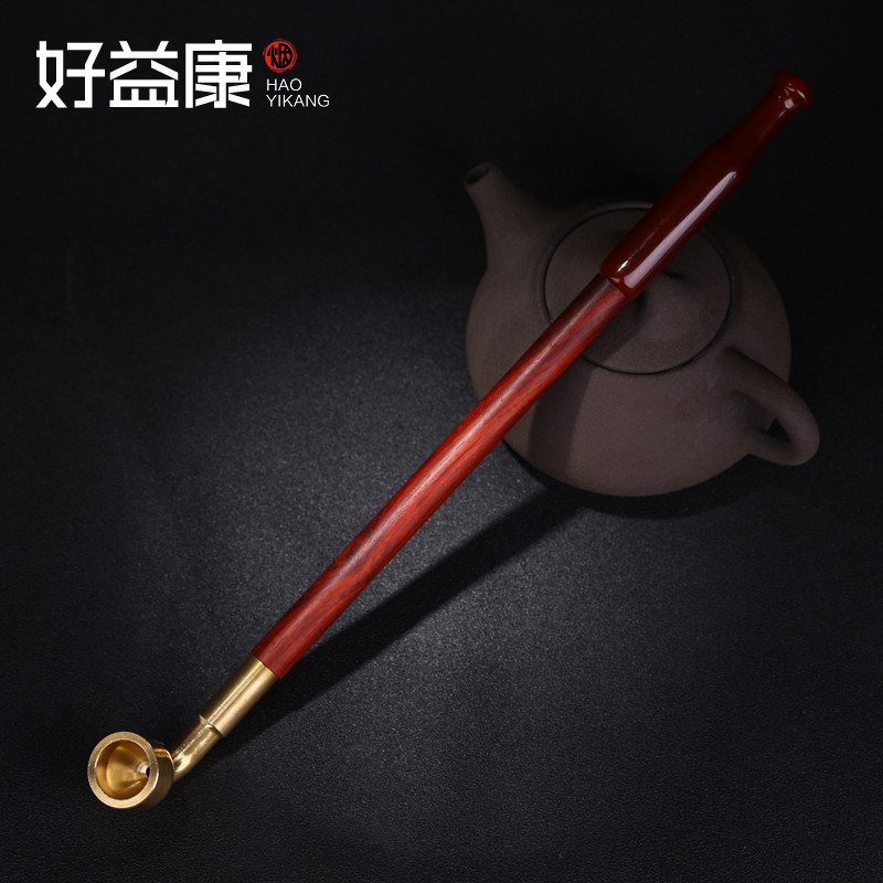 手工血檀木杆烟斗传统老式长红玛瑙嘴男士黄铜大烟锅子云南旱烟袋
