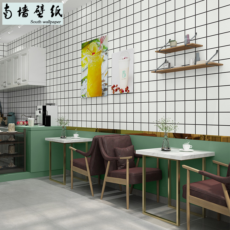 黑白格子墙纸自粘用奶茶店专用店铺装修小吃餐饮店墙面壁纸贴纸