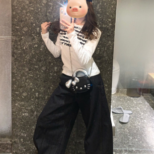 显瘦打底衫 美式 修身 复古字母印花白色长袖 上衣 T恤女2025早秋新款