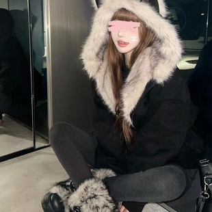 美式复古猫耳朵座山雕外套男女款冬季加厚毛领连帽棉服情侣装棉衣