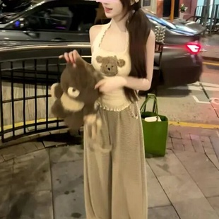 三件套 休闲宽松阔腿长裤 纯欲辣妹小狗挂脖系带吊带背心女秋季 新款