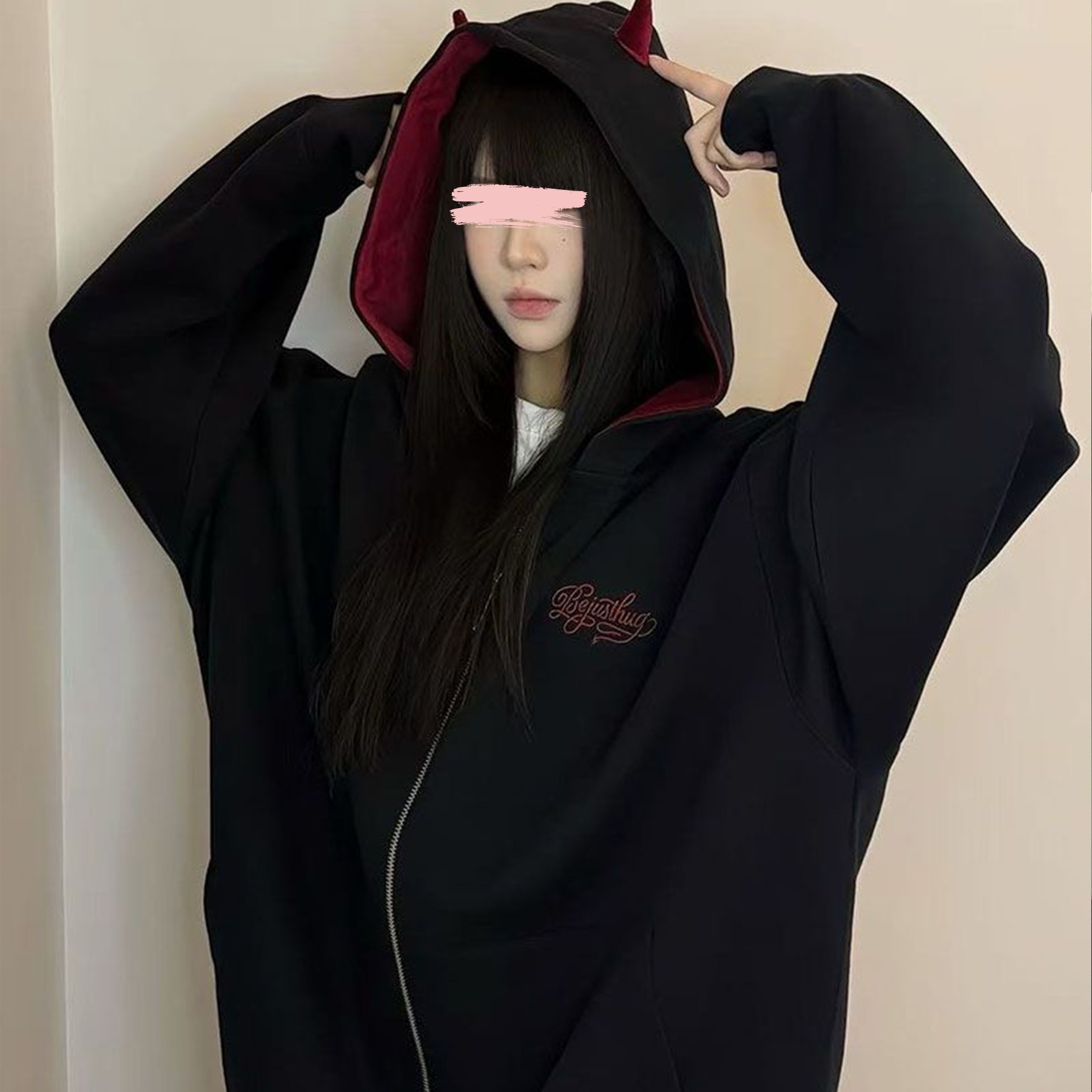 美式高街恶魔角连帽加绒卫衣情侣