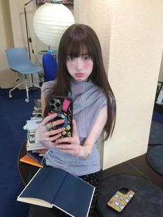 甜酷无袖 法式 不规则设计感小众别致韩版 蓝色条纹衬衫 上衣潮 女夏款
