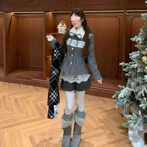 冬季韩系复古加棉蕾丝百褶套装女