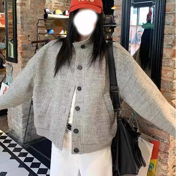 高级感灰色短款毛呢外套女2024新款秋冬复古加厚立领夹克宽松上衣
