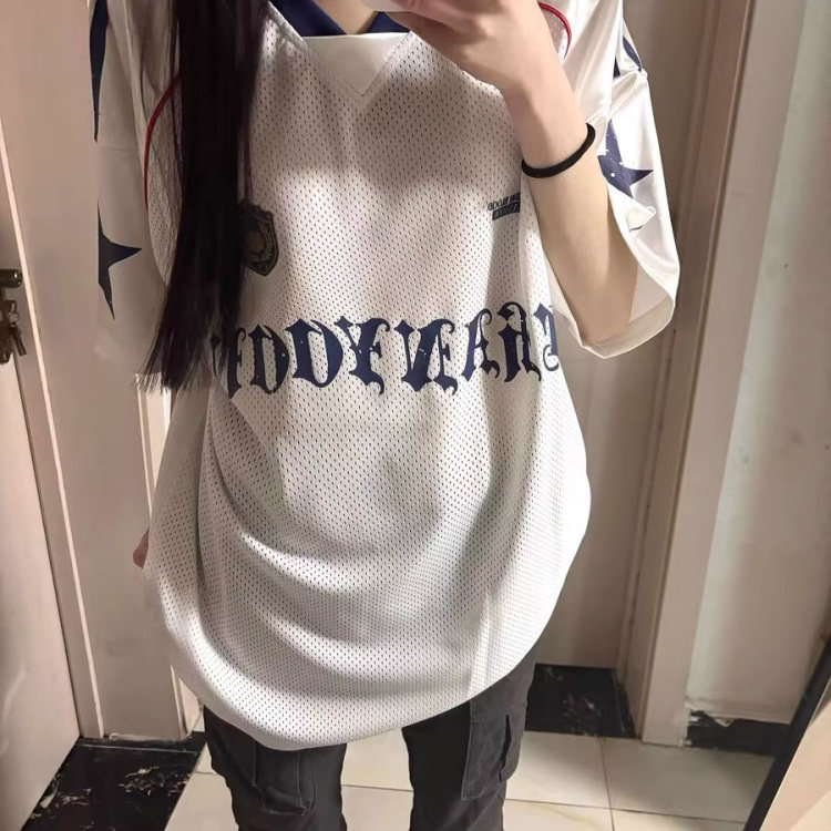 美式潮牌运动镂空透气高街嘻哈球衣情侣短袖T恤潮牌宽松ins女上衣