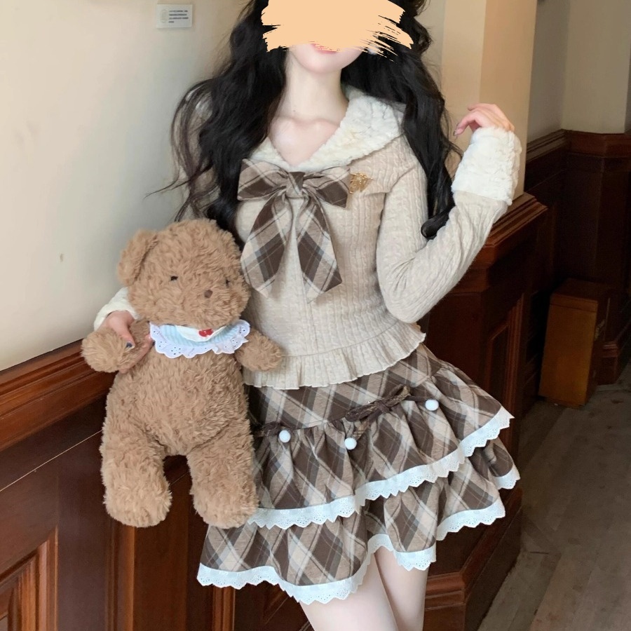 海军领蝴蝶结针织上衣短裙套装