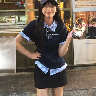 修身 美式 miu系格子拼接假两件短袖 复古polo衫 显瘦上衣潮 t恤女夏季