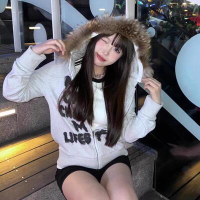 美式毛领加绒款开衫上衣复古修身