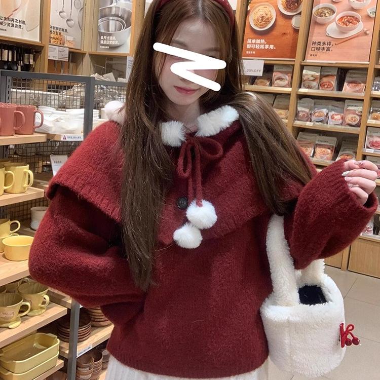 圣诞氛围感穿搭红色针织毛衣女