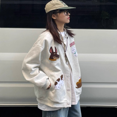 美式秋冬小狗刺绣卫衣棒球服情侣