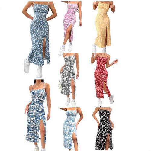 Womens Floral Print Sleeveless Split Hem Midi Dress Casual