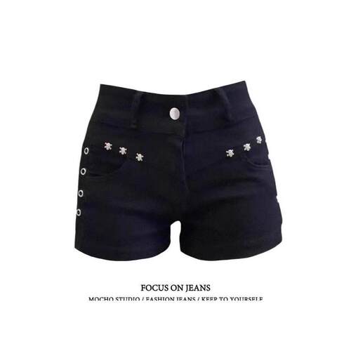 P1247 Women's High Waisted Black Dress Shorts with Gold