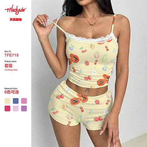 Heart Print Pajama Set halter top Lace trim girl Cute